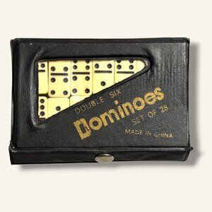 Vintage Double Six Dominoes Set Of 28 In Black Faux Leather Case With Snap Closu